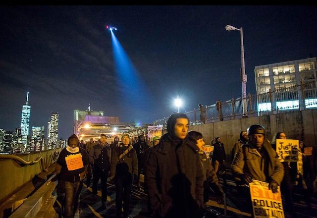 Protesters marching on the Brooklyn Bridge on Saturday night